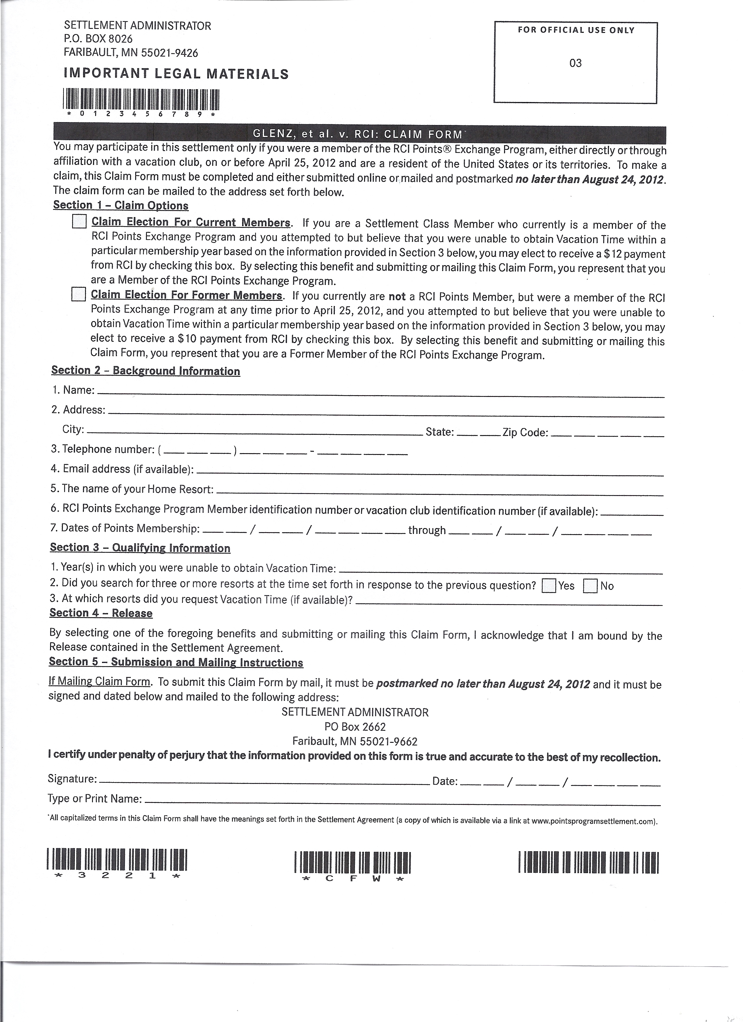 RCI Claim Form For The Class Action Settlement Advantage Vacation 